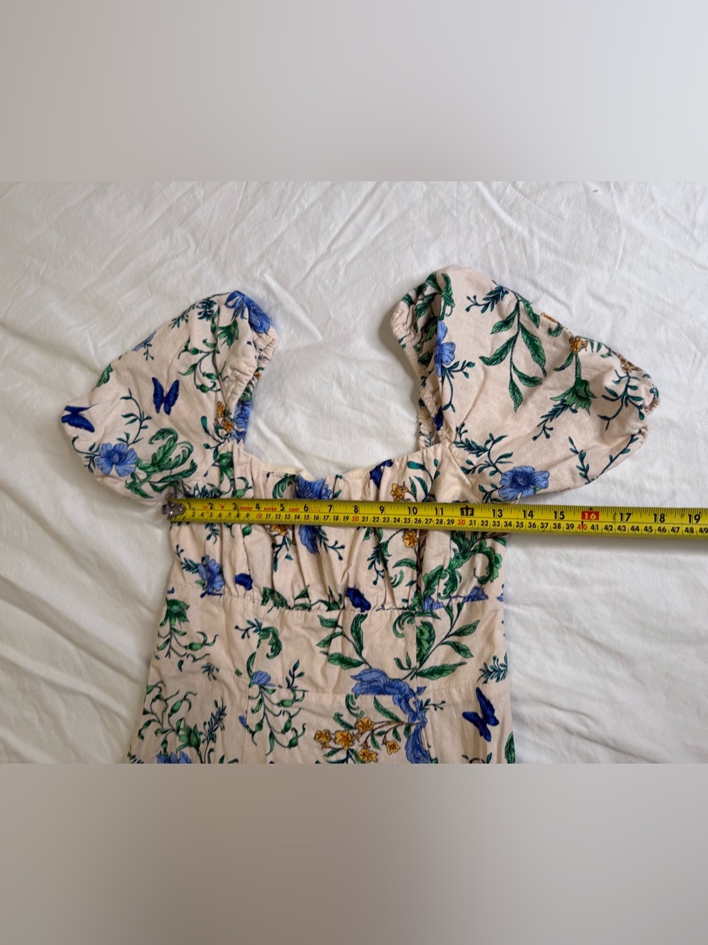 Floral Butterfly Linen Blend Midi Dress Puff Sleeve Autumn Wedding Guest Size 8 - Picture 9 of 11